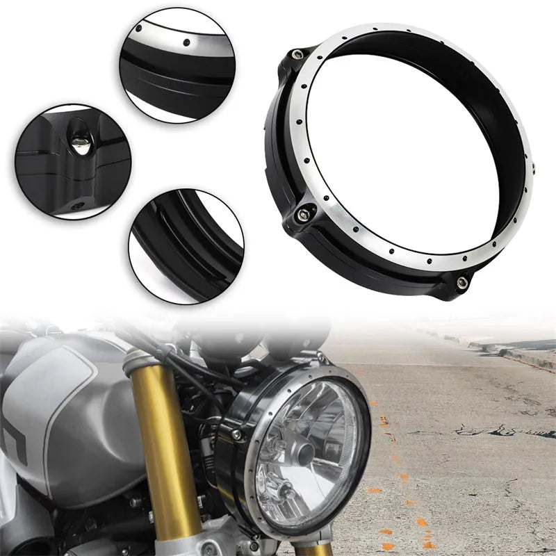 Black CNC aluminium headlight protective cover for BMW R Nine T Scrambler motorcycle