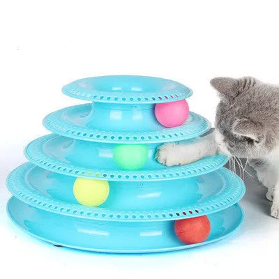 Four-layer interactive cat turntable toy with ball track tower, plastic, 16x29cm, in pink, blue or orange