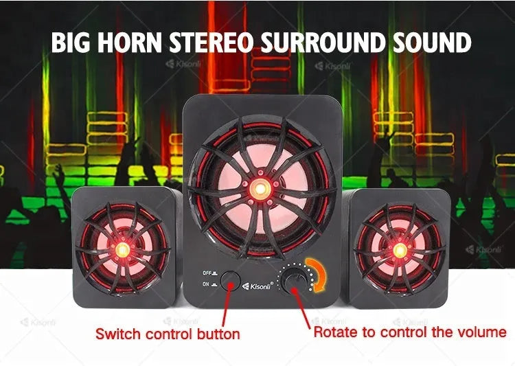 Mini USB computer speaker model U-2600 with glowing green light and 2.1 system design