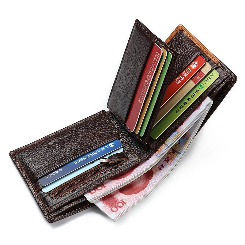 Soft cowhide leather Korean style wallet with personality car stitching and multiple compartments