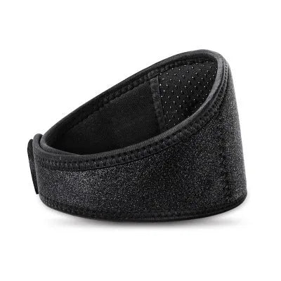 Black self-heating magnetic neck guard with adjustable shoulder strap on a mannequin neck.