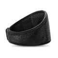 Black self-heating magnetic neck guard with adjustable shoulder strap on a mannequin neck.