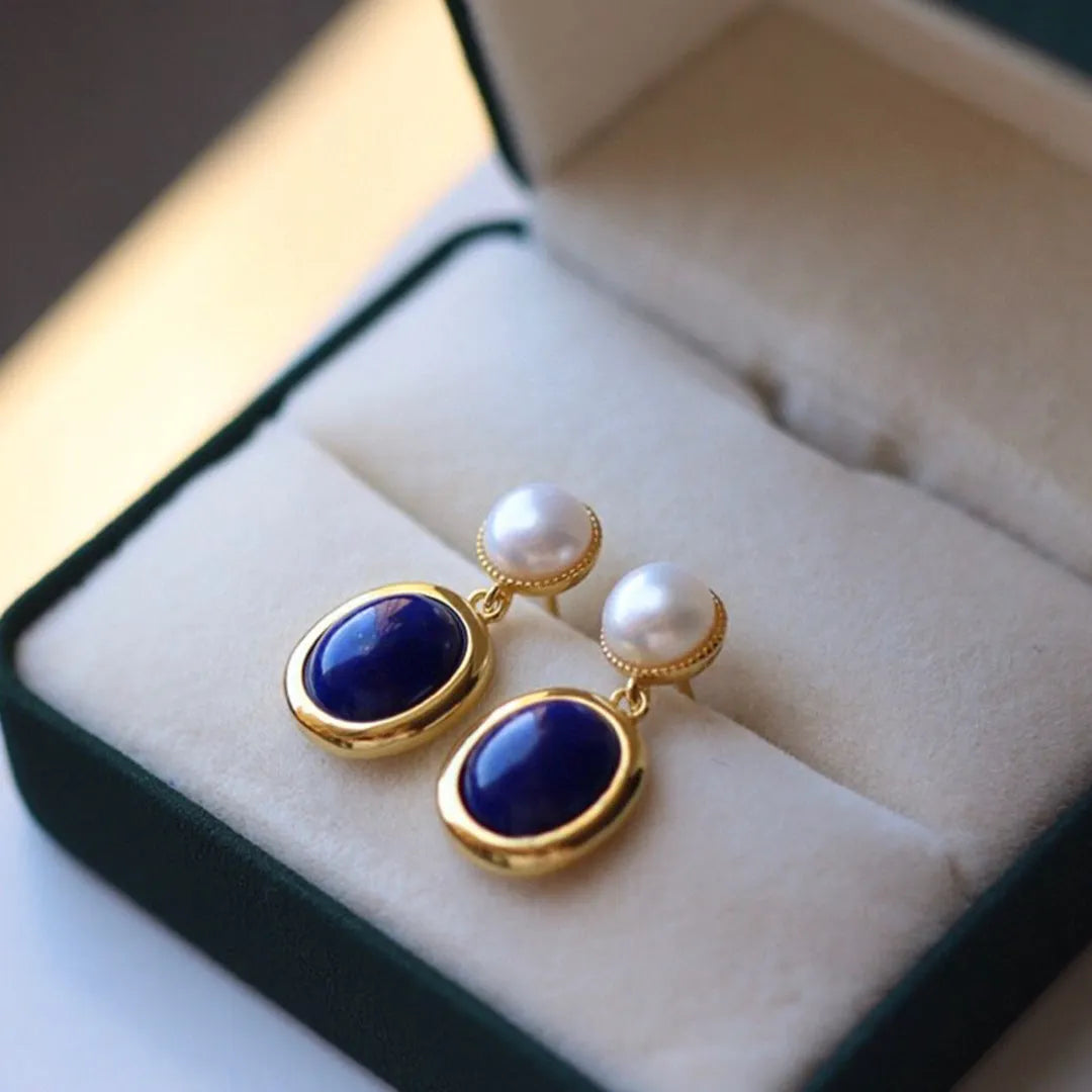 Lapis lazuli pearl earrings in 925 silver with auspicious patterns and post back fittings