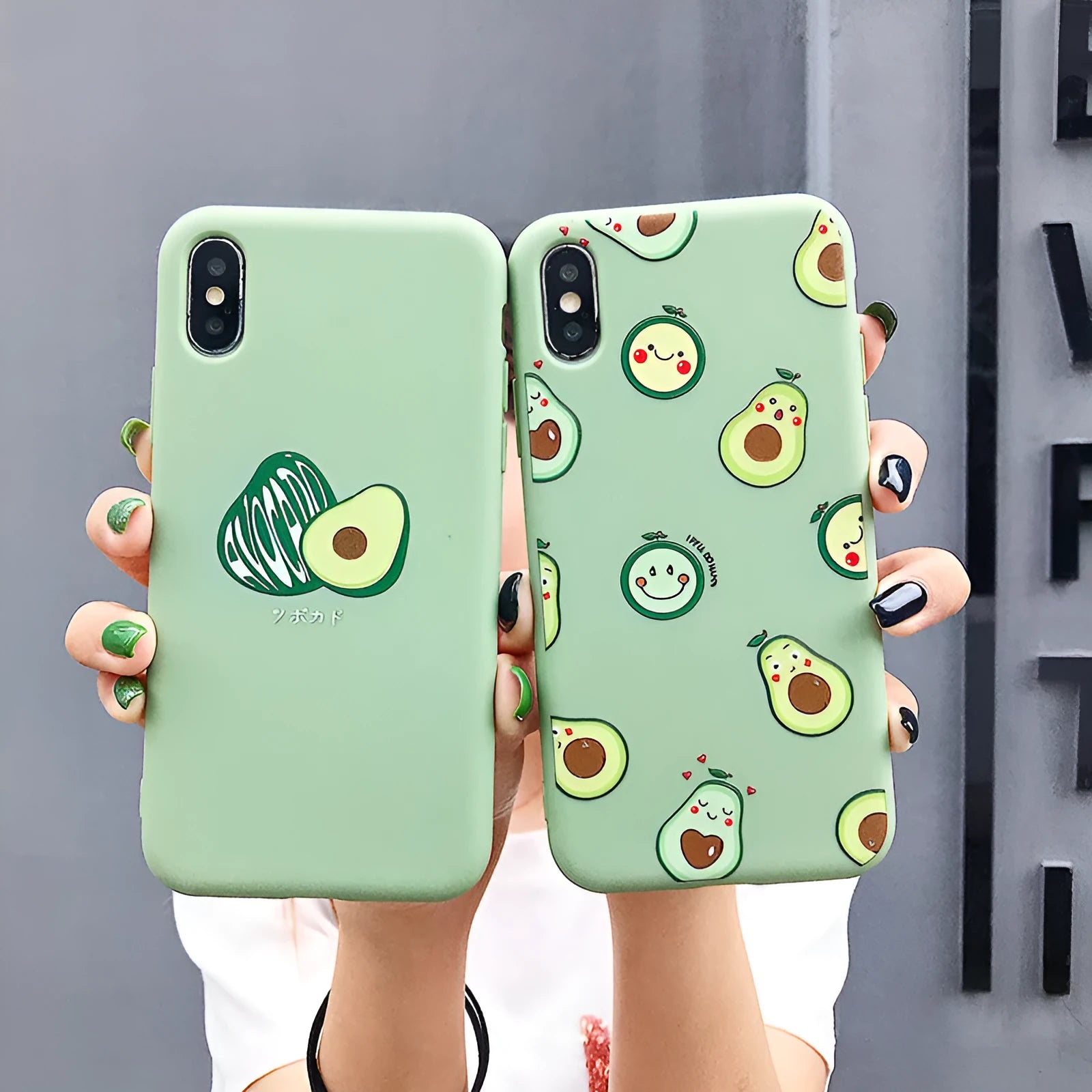 Cartoon avocado design printed on a green TPU phone back cover for Apple iPhone.