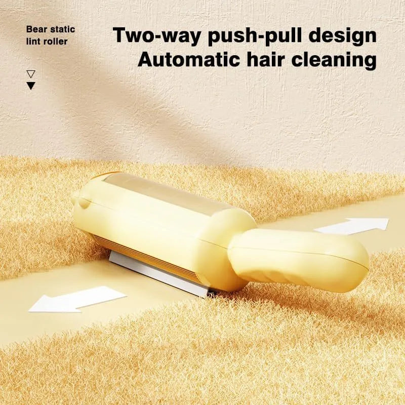 Blue reusable pet hair removal tool with a handle and roller, designed for furniture and car seats