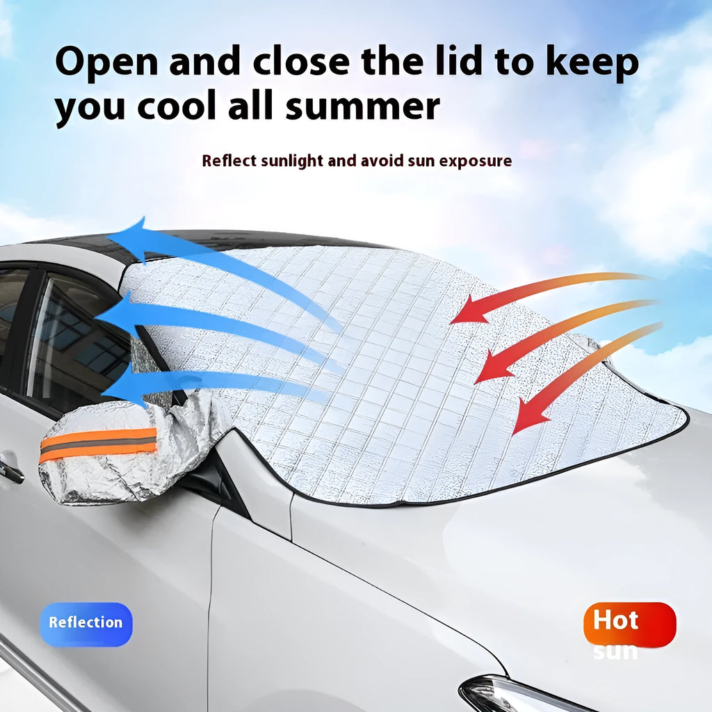 Aluminium foil winter car windshield cover with reflective stripes and magnetic fasteners for SUV frost protection