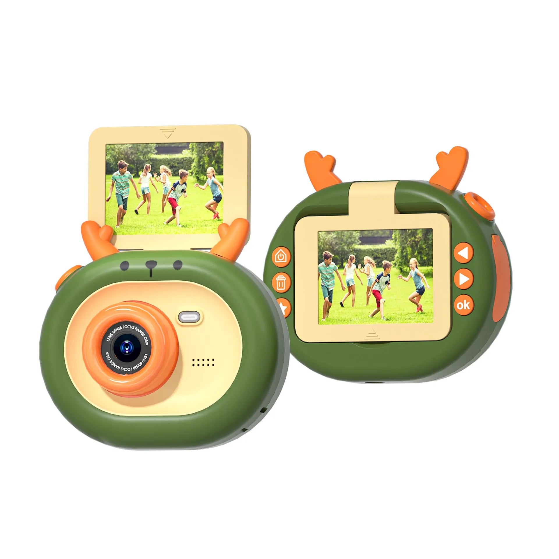Purple and dark green children's digital camera with flip screen, silicone case lanyard, and accessories