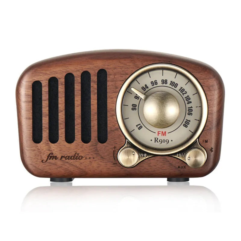 Retro wooden wireless mini speaker in cherry wood or walnut finish with compact dimensions