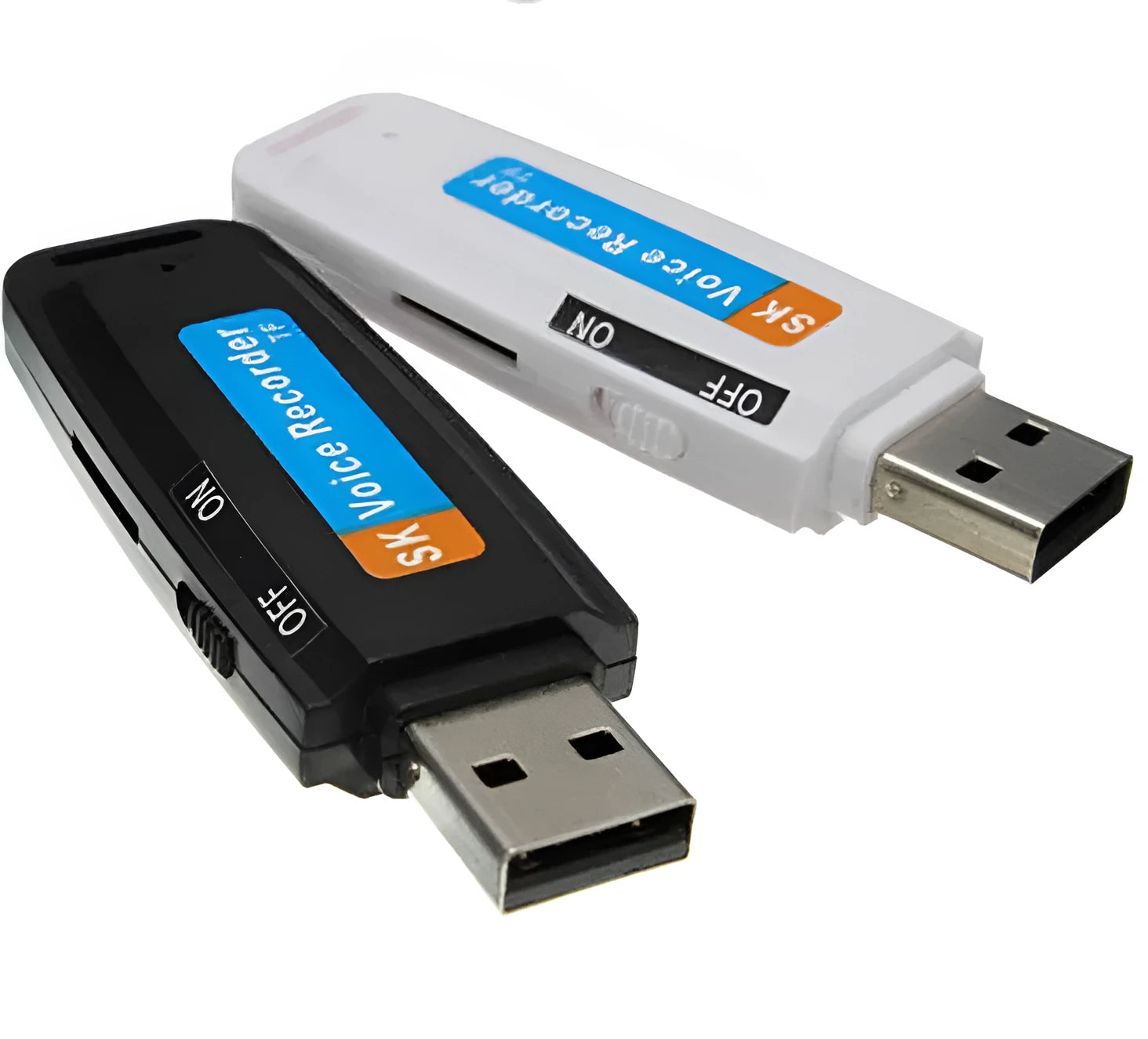 Black and white SK-001 SK-868 creative USB flash drive with voice function showing size scale.