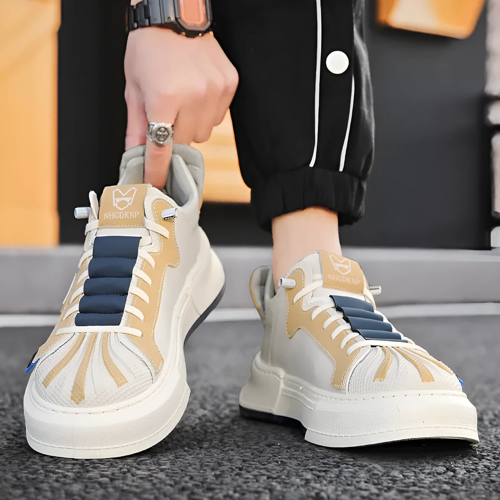 Men's beige low-top sneakers with elastic band and microfiber upper
