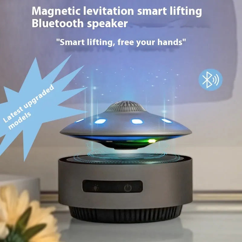 Automatic lifting magnetic levitation Bluetooth speaker floating above its base with injection-moulded ABS housing