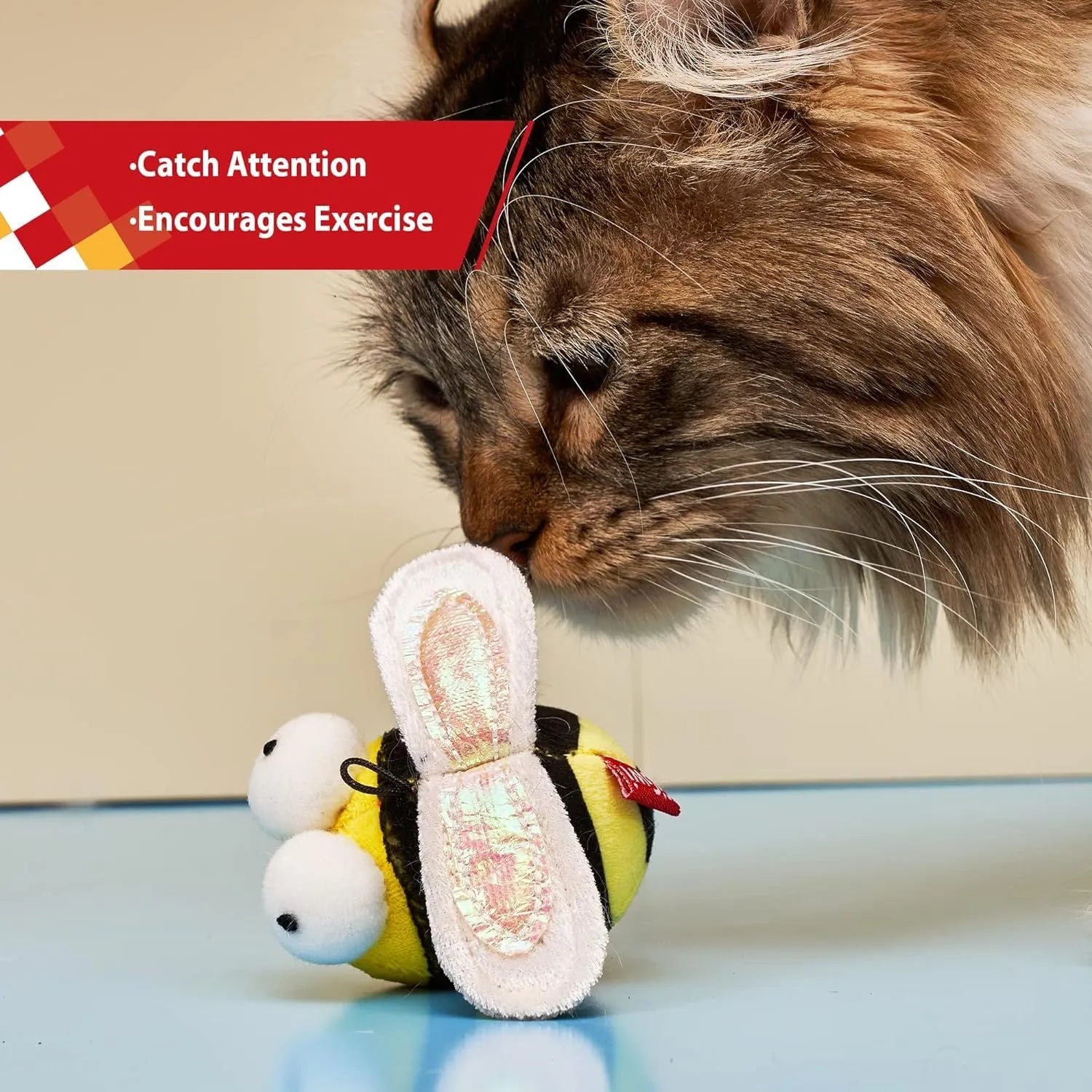 Yellow bee-shaped interactive cat toy with motion-activated squeaking function for indoor feline play