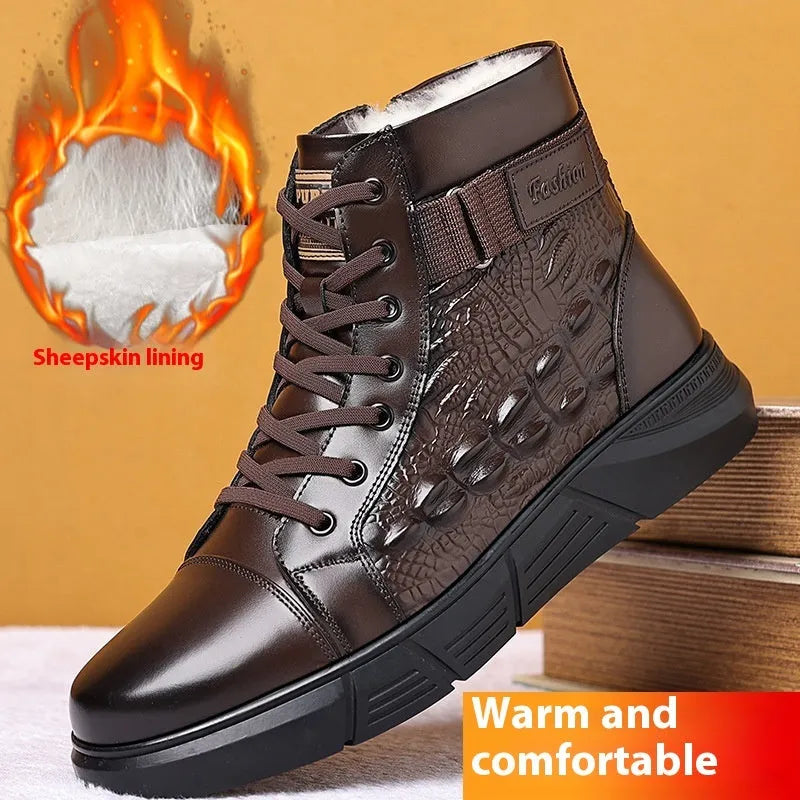 Black and brown genuine leather snow boots with fur lining, round toes, and lace-up fronts on a rubber non-slip sole.