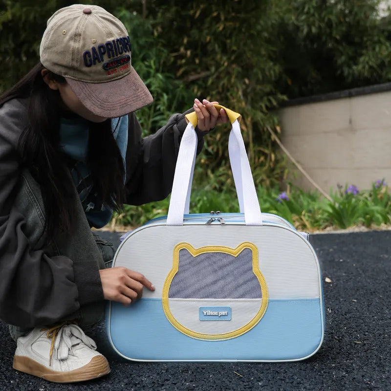 Blue foldable oxford cloth cat carrier backpack shown in outdoor setting