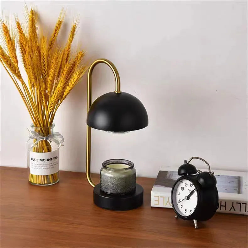 Solid wood aromatherapy wax melting bedside lamp with dimming knob on black metal base