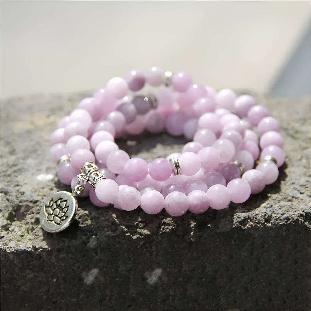Natural stone women's bracelet with angel echeveria and lotus charm on wrist