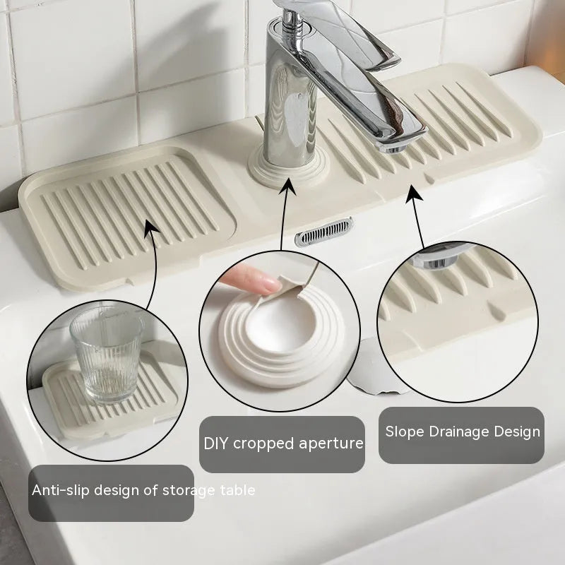 Silicone faucet splash guard with sloped design showing two drain channels in various colour options
