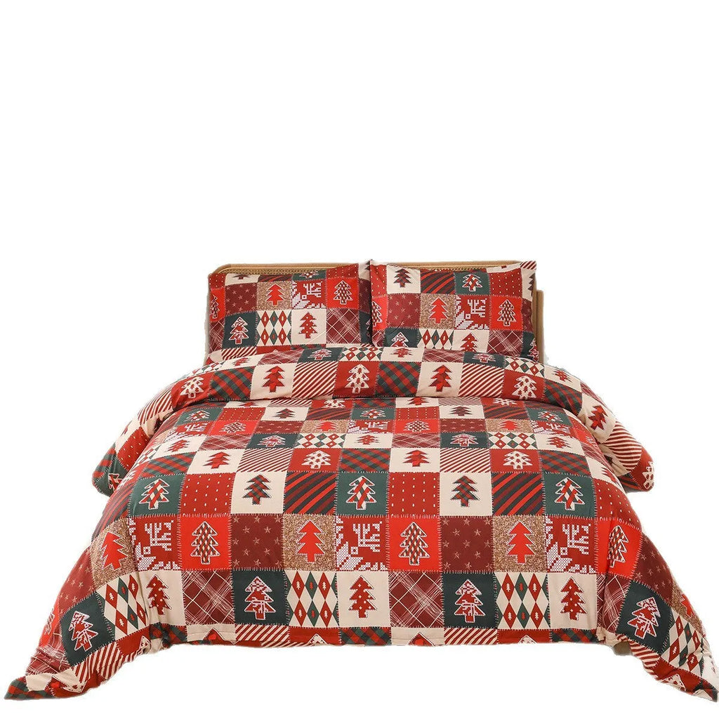Christmas red plaid pattern bedding three-piece set showing bed cover-style European design