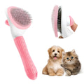 Blue cat grooming brush with a release button and fine wire bristles for pet hair removal.