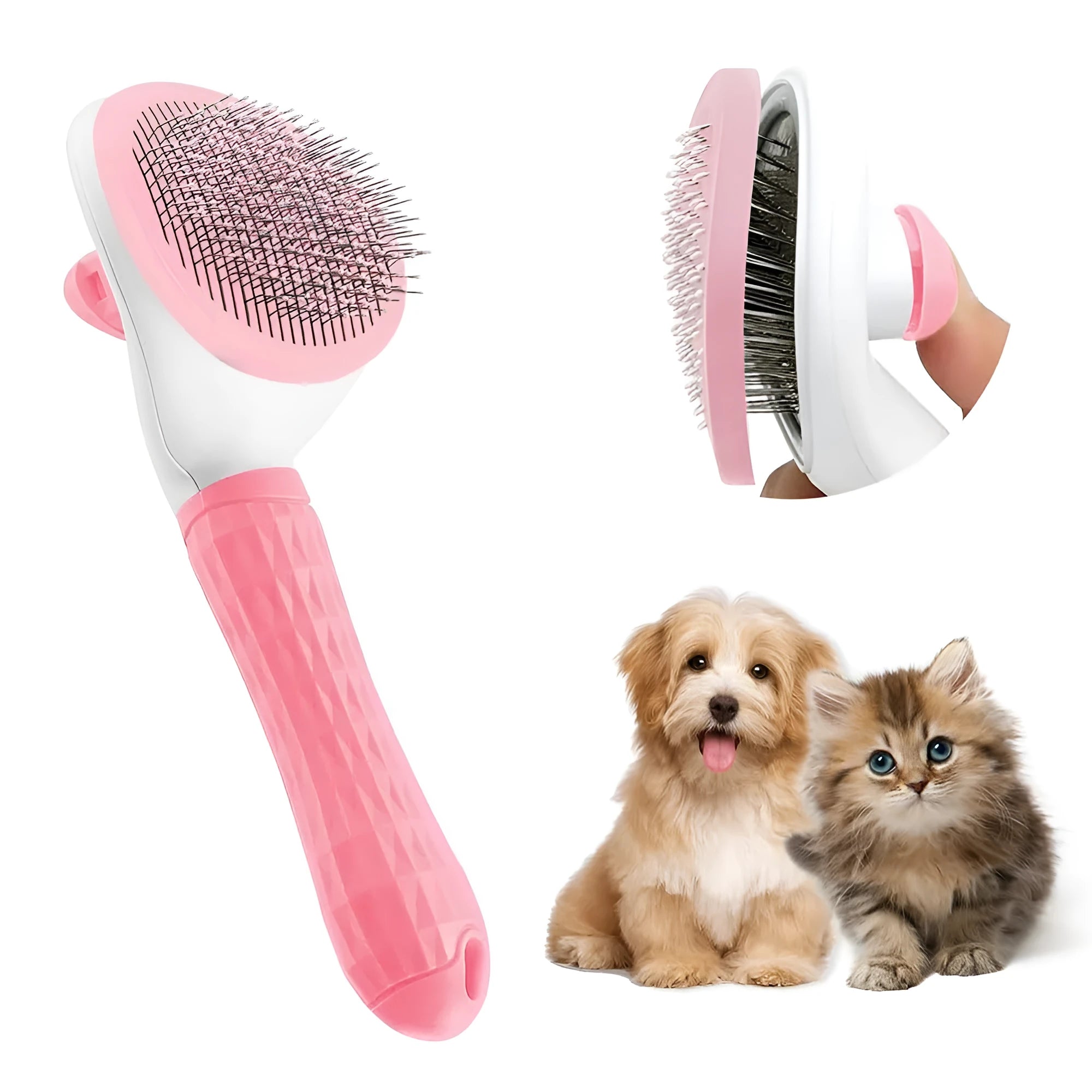 Blue cat grooming brush with a release button and fine wire bristles for pet hair removal.