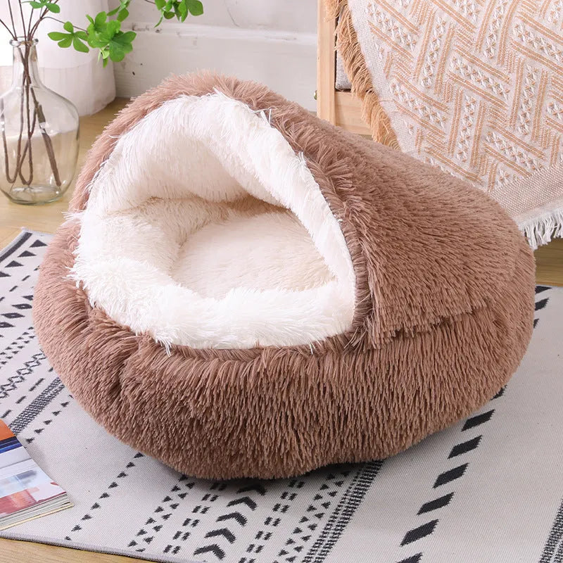 Waterproof semi-surrounded cloth dog kennel in a gradient colour, shown indoors.