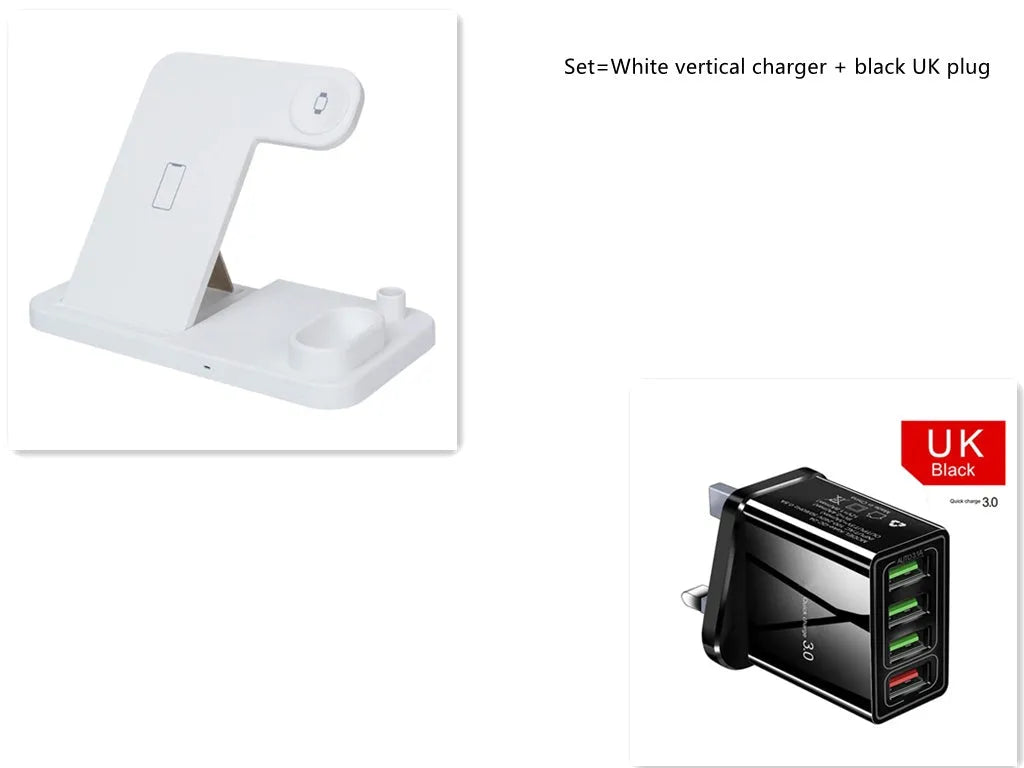 4-in-1 wireless charging station showing phone, Apple Watch, and AirPods charging on adjustable magnetic stand.