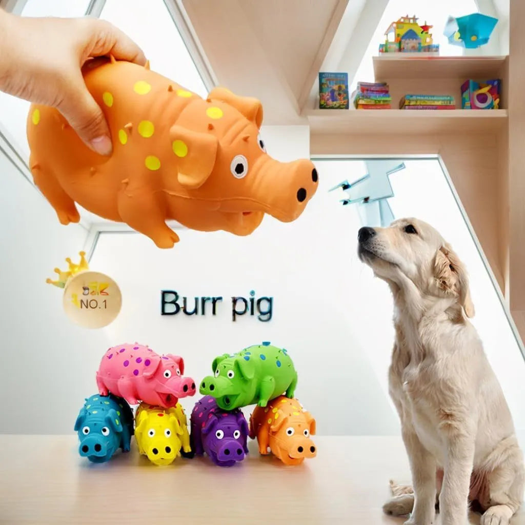 Blue latex pig-shaped dog chew toy with textured surface and squeaker for aggressive chewers