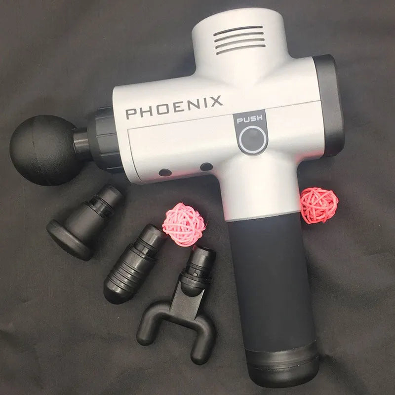 Black fascia gun massage tool with four removable heads on grey background