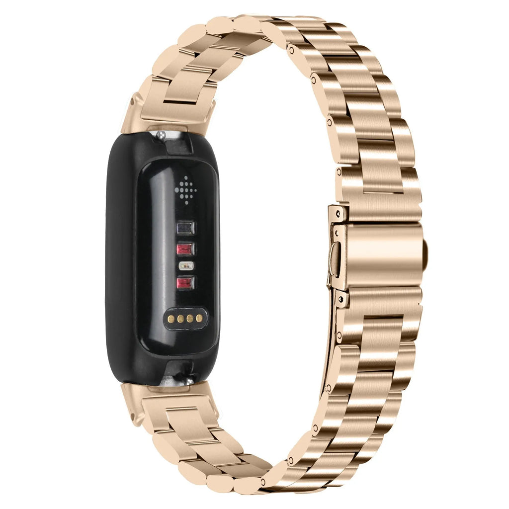 Stainless steel three-bead link replacement strap for Fitbit Inspire 3 in multiple colour options.