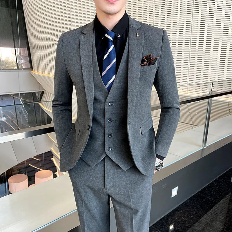 Men's slim fit British style business suit in black or dark grey cotton blend fabric