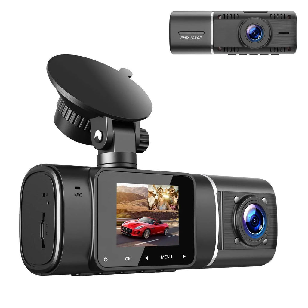Standard black dashcam for car with front and rear recording, shown with 1.5-inch screen.