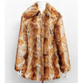 Women's faux fur leather jacket with a bold tiger pattern, long sleeves, and a medium length fit.