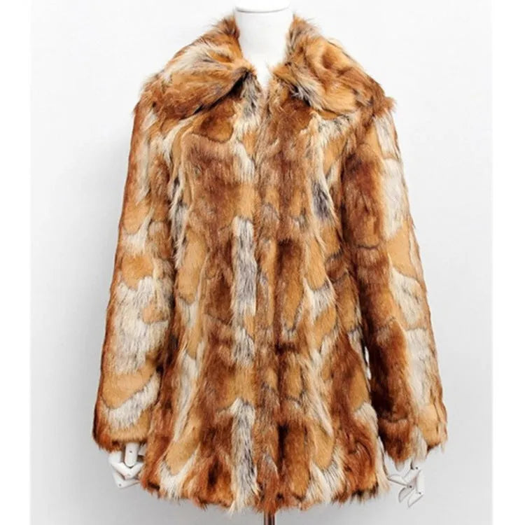 Women's faux fur leather jacket with a bold tiger pattern, long sleeves, and a medium length fit.