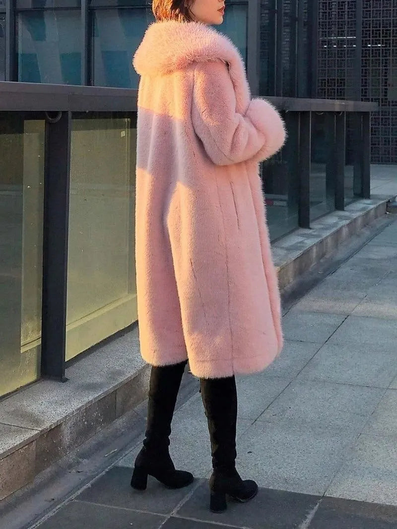 Women's grey faux rabbit fur coat with artificial fur collar, regular sleeves, mid-length cut