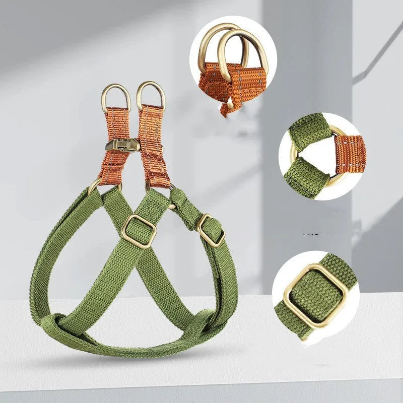 Brown vest-style anti-loss dog leash with adjustable sizing and alloy fastener