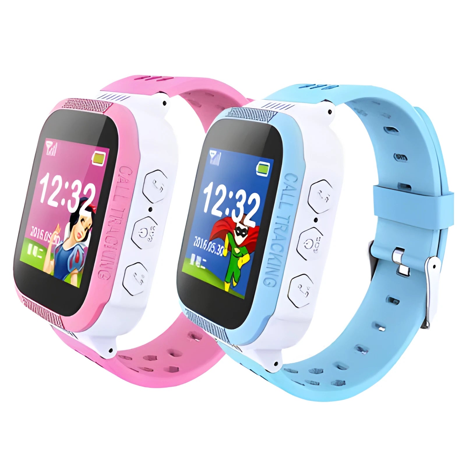 Blue and pink children's phone watch showing its 1.44-inch IPS screen and side view with USB port.