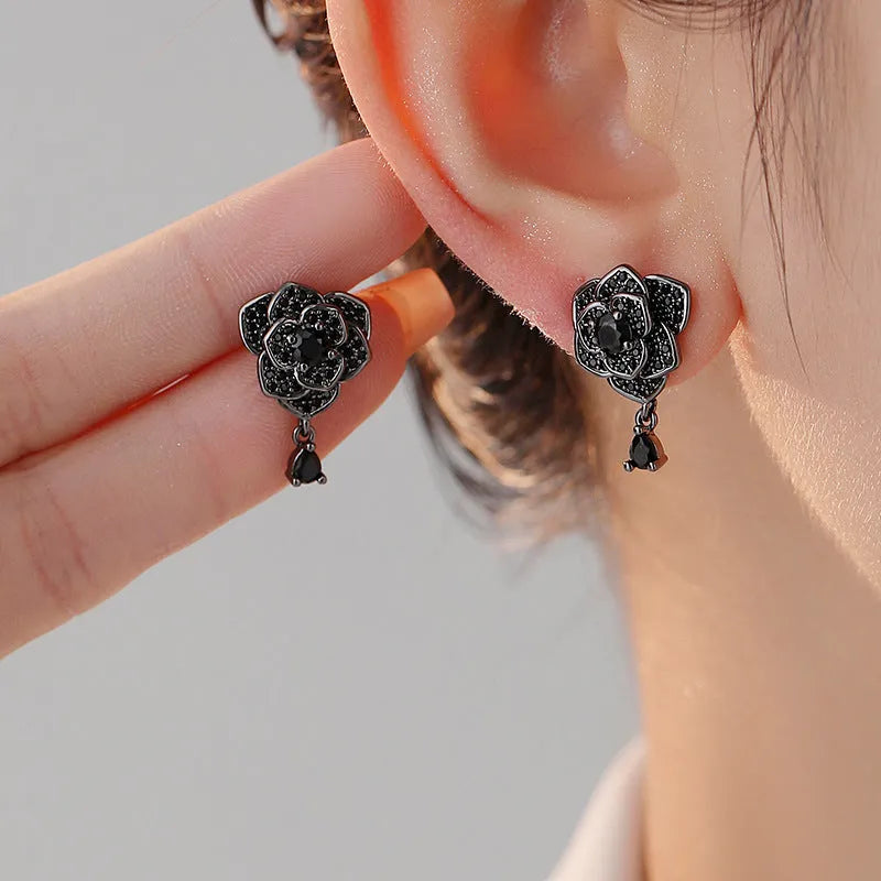 Black rose zircon stud earrings with flower shaped design on copper base