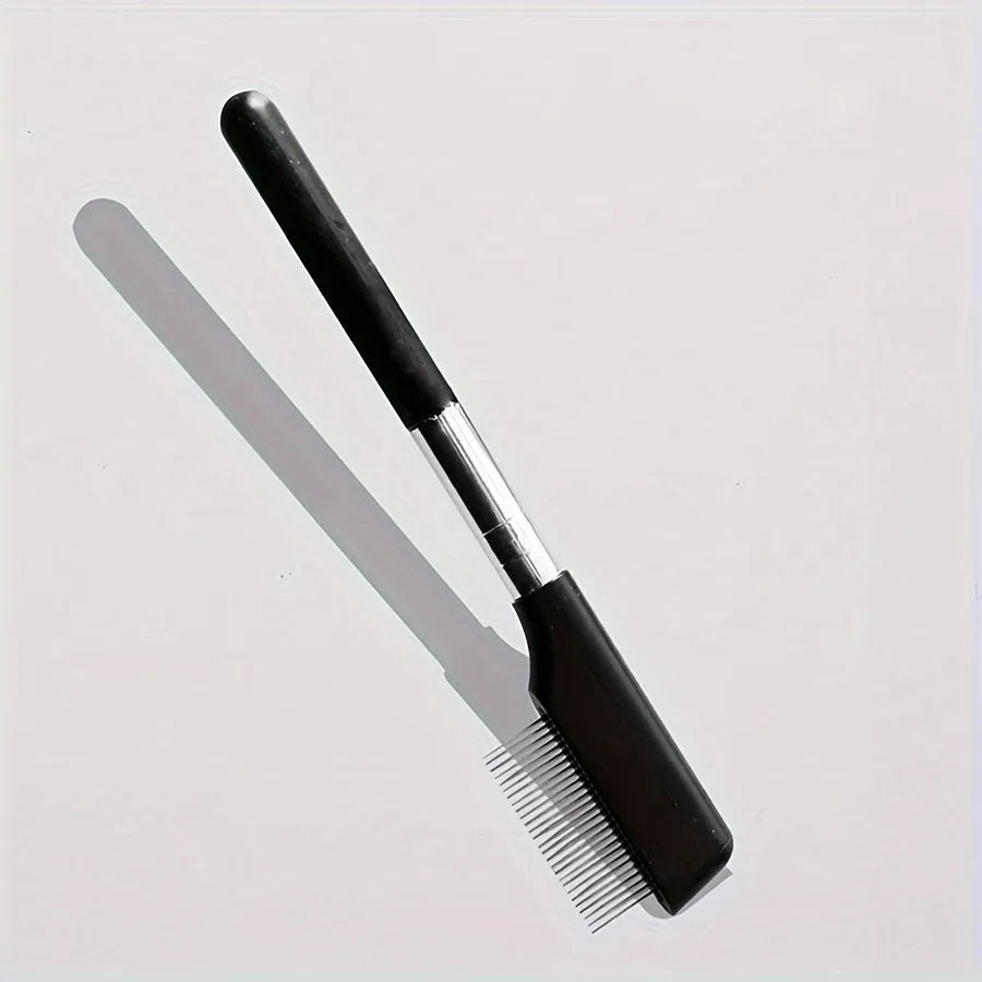 Black pet grooming brush with dual heads: soft bristles for eye cleaning and comb for hair removal
