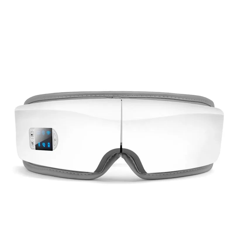 White USB eye massager with PU eye mask, 180-degree folding design, LCD screen and Bluetooth music.