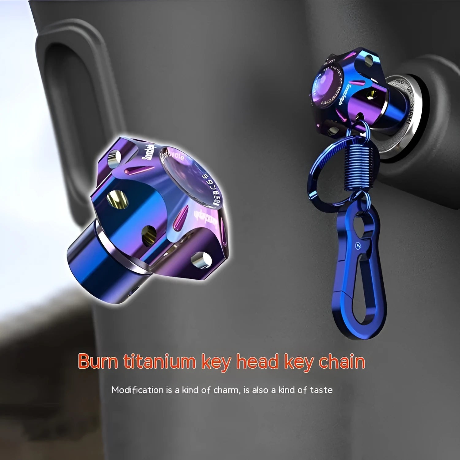 Motorcycle key head cover in T6 aluminium alloy showing hexagonal, five-pointed star, and plum blossom design options