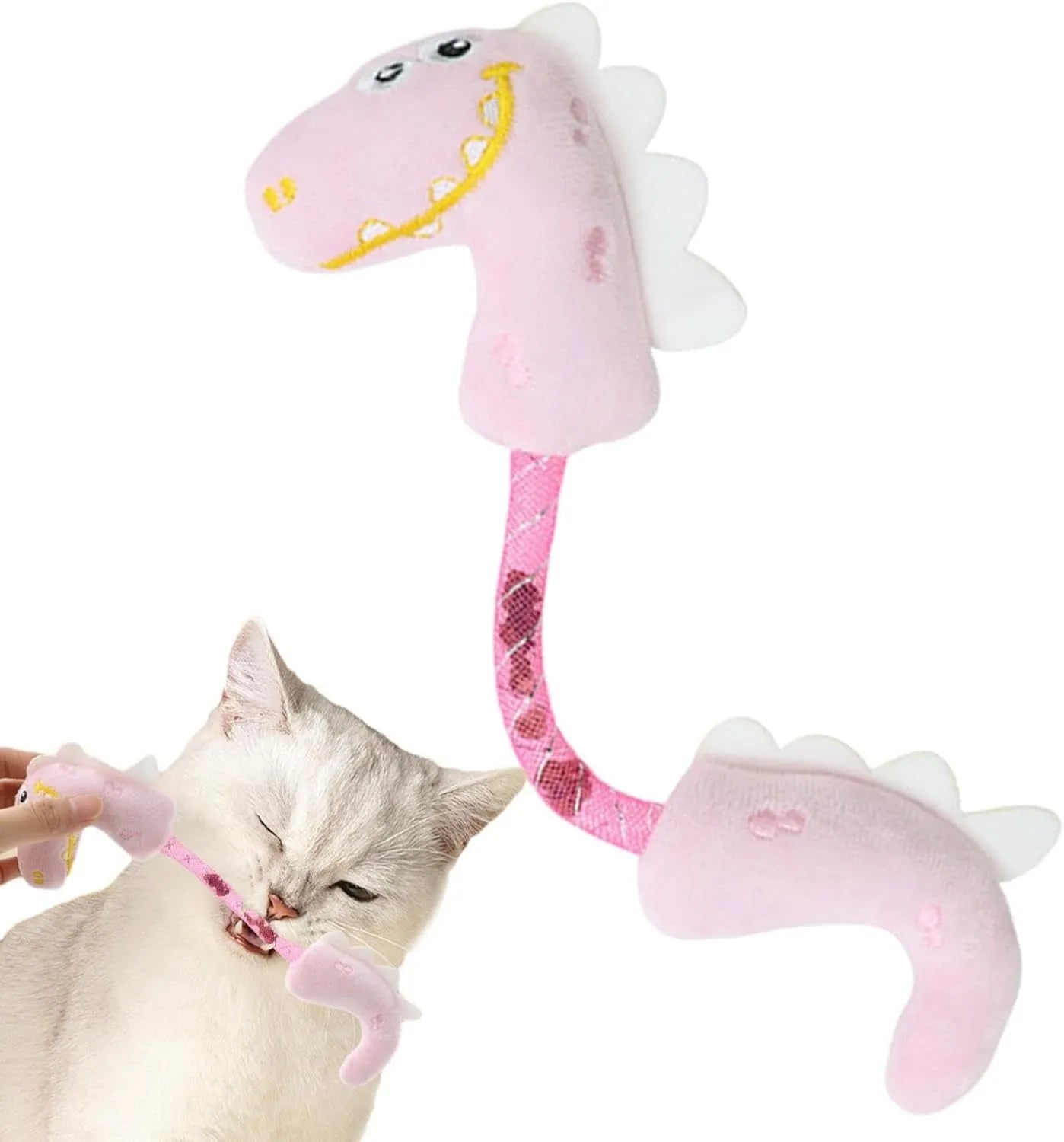 Four-piece cat toy bundle showing chew toy, plush mouse, fish, and bunny in pink, purple, and yellow colours.