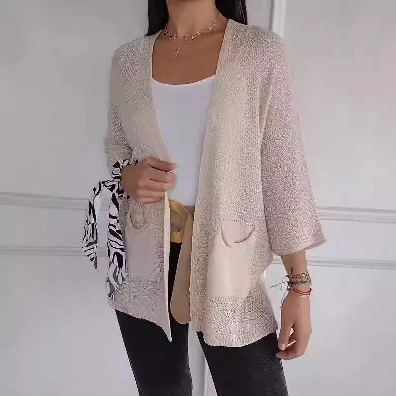 Women's waffle texture cardigan coat with nine-quarter sleeves in army green colour