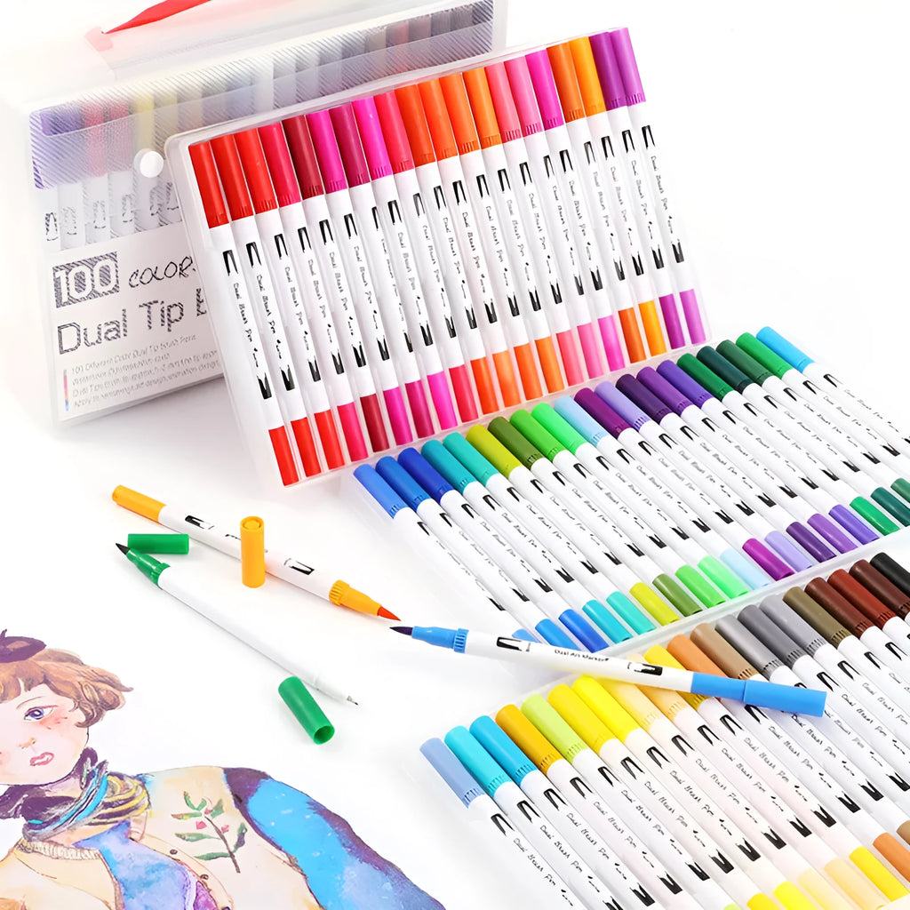 Set of watercolour brush pens in assorted colours, showing fine tips, arranged in a case.