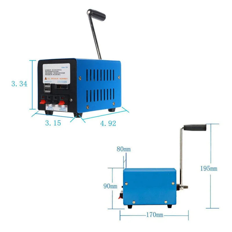 Blue metal hand crank generator with USB ports and adjustable voltage dial for emergency charging