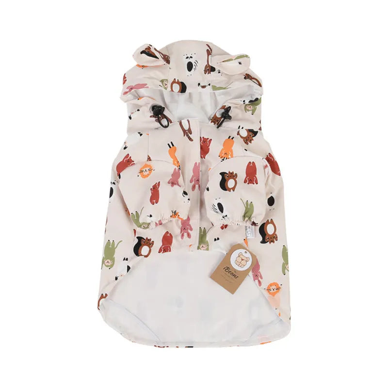 Beige cartoon dog raincoat with waterproof PU coating, shown in small animal design