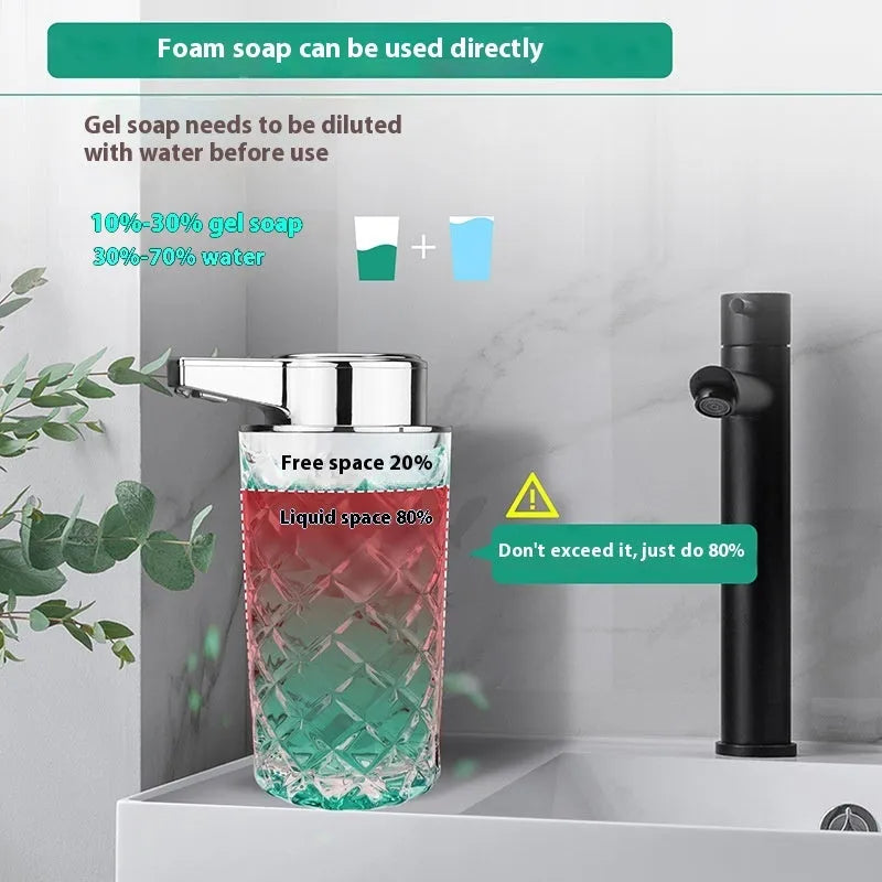 Automatic touchless soap dispenser with silver-plated PET plastic shell and USB-C charging port.