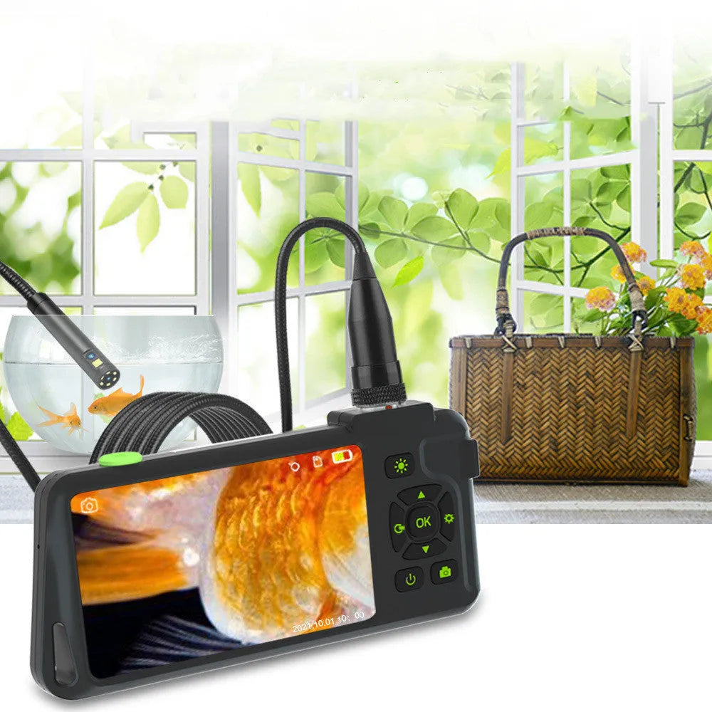 Handheld industrial endoscope with 4.5-inch screen and black probe on a coiled cable