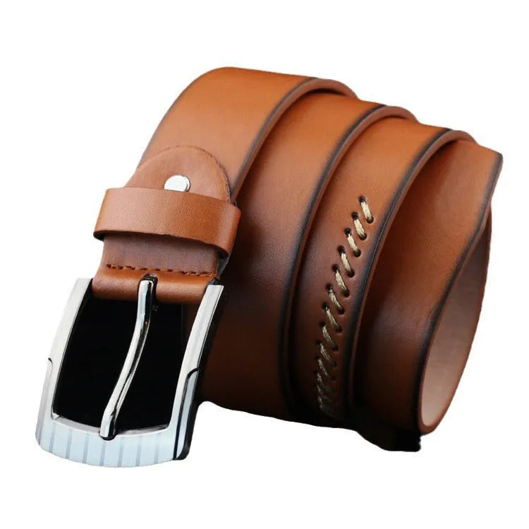 Men's threading pattern pin buckle belt in black colour with alloy hardware