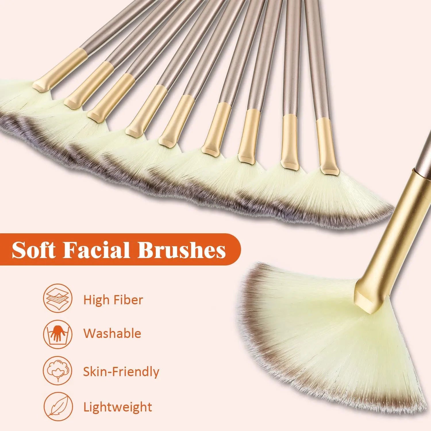 10 professional facial fan brushes with champagne finish and acrylic handles for cosmetic application