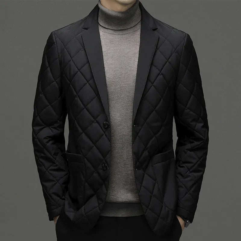 Men's black lapel-style down jacket with side seam pockets on a solid colour background.